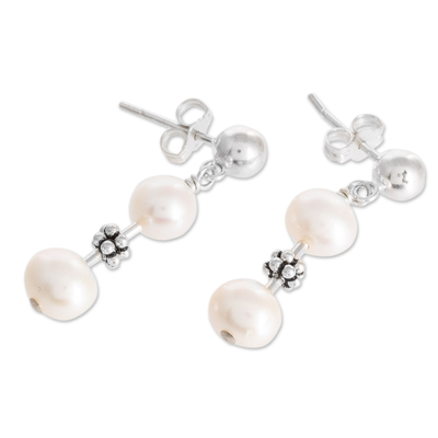 Cultured pearl beaded dangle earrings, 'Pearly Richness' - Sterling Silver Beaded Dangle Earrings with Cream Pearls