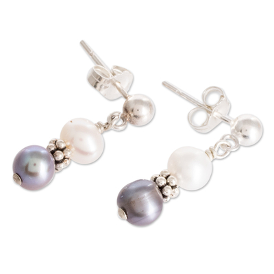 Cultured pearl beaded dangle earrings, 'Marine Meditations' - White and Grey Cultured Pearl Dangle Earrings