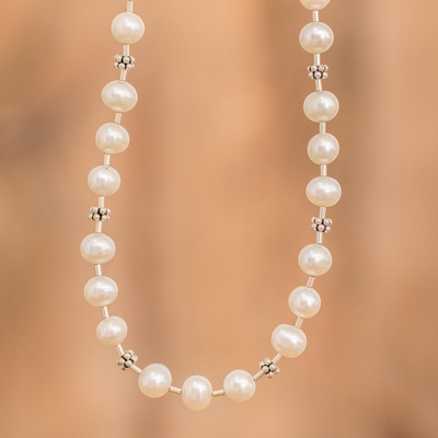 Cultured pearl beaded necklace, 'Pearly Richness' - Sterling Silver Beaded Necklace with Natural Cream Pearls