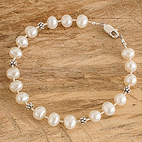 Pulsera con cuentas de perlas cultivadas, 'Pearly Richness' - Pulsera con cuentas de plata de ley con perlas de crema naturales