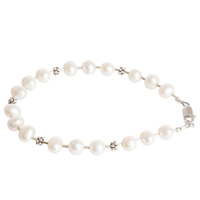 Cultured pearl beaded bracelet, 'Pearly Richness' - Sterling Silver Beaded Bracelet with Natural Cream Pearls