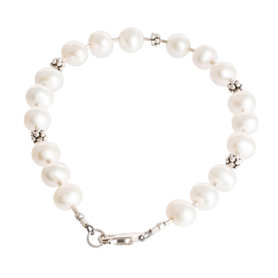 Pulsera con cuentas de perlas cultivadas - Pulsera de cuentas de plata esterlina con perlas naturales color crema