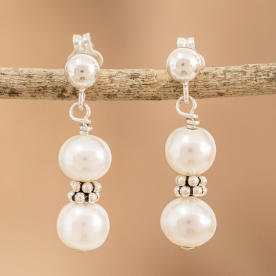 Cultured pearl beaded dangle earrings, 'Marine Victory' - Cream Cultured Pearl Beaded Dangle Earrings from Costa Rica