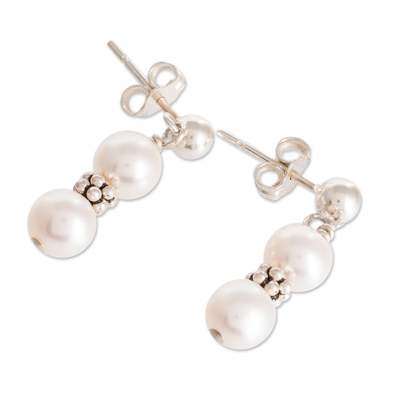Cultured pearl beaded dangle earrings, 'Marine Victory' - Cream Cultured Pearl Beaded Dangle Earrings from Costa Rica