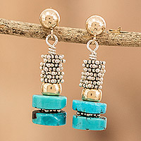 Gold-accented turquoise beaded dangle earrings, 'Golden Hope' - Turquoise Beaded Dangle Earrings with Gold-Plated Accents