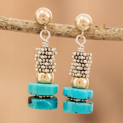 Gold-accented turquoise beaded dangle earrings, 'Golden Hope' - Turquoise Beaded Dangle Earrings with Gold-Plated Accents