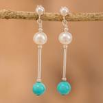 Cultured pearl and turquoise beaded dangle earrings, 'Innocence and Hope' - Polished Cultured Pearl and Turquoise Beaded Dangle Earrings