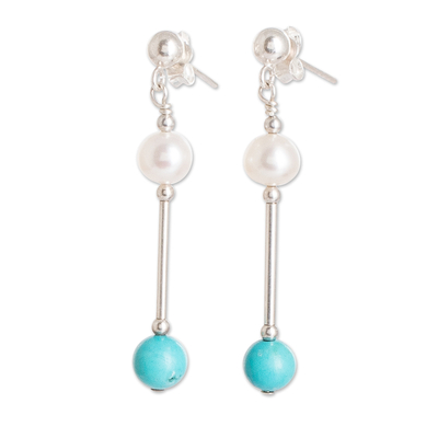 Cultured pearl and turquoise beaded dangle earrings, 'Innocence and Hope' - Polished Cultured Pearl and Turquoise Beaded Dangle Earrings