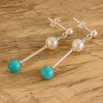 Cultured pearl and turquoise beaded dangle earrings, 'Innocence and Hope' - Polished Cultured Pearl and Turquoise Beaded Dangle Earrings