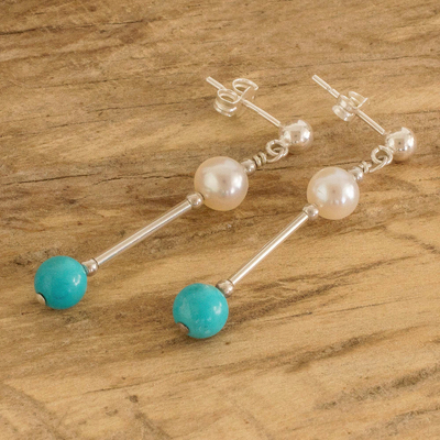 Pendientes colgantes de perlas cultivadas y cuentas de turquesa - Aretes colgantes con cuentas de turquesa y perlas cultivadas pulidas