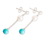Cultured pearl and turquoise beaded dangle earrings, 'Innocence and Hope' - Polished Cultured Pearl and Turquoise Beaded Dangle Earrings