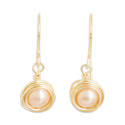 Cultured pearl dangle earrings, 'Lustrous Charm' - Dangle Earrings with Cultured Pearl & Gold-Toned Copper Wire