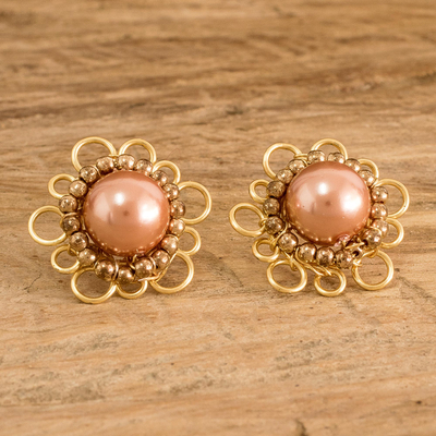 Cultured pearl drop earrings, 'Floral Appeal' - Golden Copper Wire Drop Earrings with Cultured Pearl