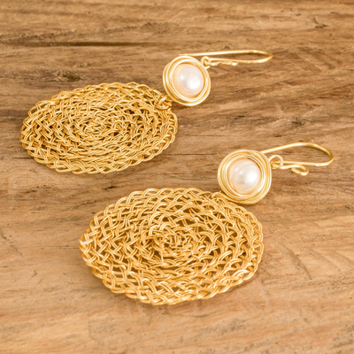 Cultured pearl dangle earrings, 'Braided Weave' - Dangle Earrings with Cultured Pearl & Gold-Toned Copper Wire