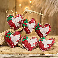 Felt ornaments, 'Love Doves' (set of 6) - Set of 6 Handmade Felt Heart Ornaments with Doves