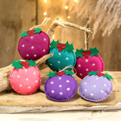 Felt ornaments, 'Merry Sparks' (set of 6) - Set of 6 Handmade Felt Ornaments in Multicolour Palette