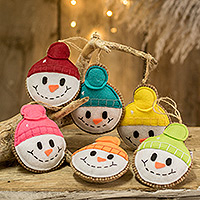 Felt ornaments, 'Snowy Tenderness' (set of 6) - Set of 6 Handmade Snowman Ornaments from Guatemala