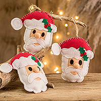 Felt ornaments, 'Santa Smiles' (set of 3) - Set of 3 Handmade Santa Claus Ornaments from Guatemala