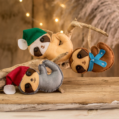 Felt ornaments, 'Sweet Christmas Sleepers' (set of 6) - Set of 6 Handmade Christmas Sloth Ornaments from Guatemala