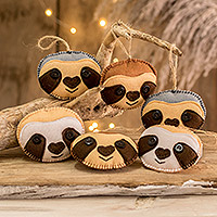 Felt ornaments, 'Sleepy Smiles' (set of 6) - Set of 6 Handcrafted Felt Ornaments of Adorable Sloths