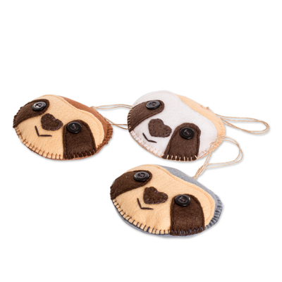 Felt ornaments, 'Sleepy Smiles' (set of 6) - Set of 6 Handcrafted Felt Ornaments of Adorable Sloths