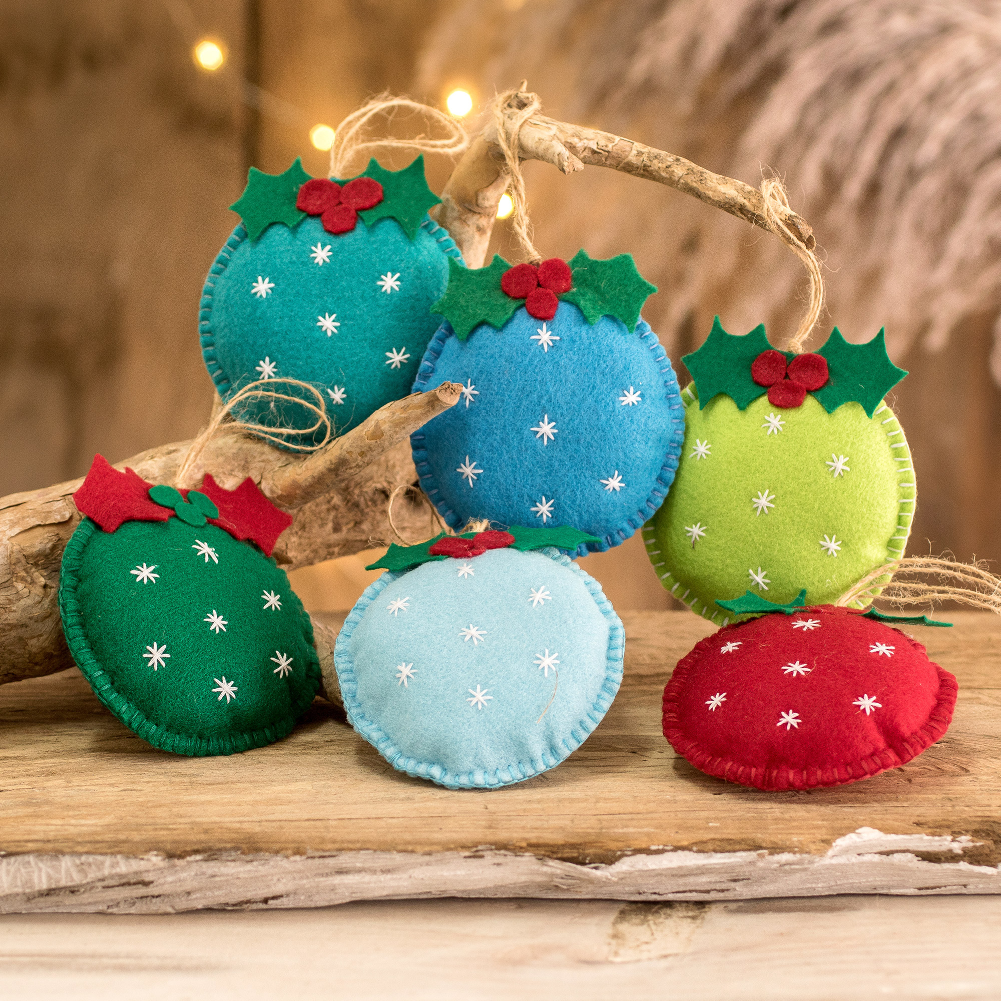 Set of 6 Handmade Felt Ornaments in Colorful Palette - Joyous Sparks
