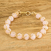 Crystal beaded bracelet, 'Glamorous Pink Feeling' - Pink Crystal Beaded Bracelet with Gold-Toned Copper Wires