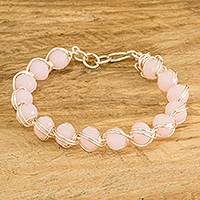 Crystal beaded bracelet, 'Luxurious Pink Feeling' - Pink Crystal Beaded Bracelet with Silver-Toned Copper Wires