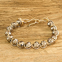 Crystal beaded bracelet, 'Glamorous Grey Feeling' - Grey Crystal Beaded Bracelet with Gold-Toned Copper Wires