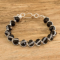 Crystal beaded bracelet, 'Luxurious Dark Feeling' - Black Crystal Beaded Bracelet with Silver-Toned Copper Wires