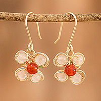 Rose quartz and agate dangle earrings, 'Flourishing Harmony' - Handcrafted Rose Quartz and Agate Floral Dangle Earrings