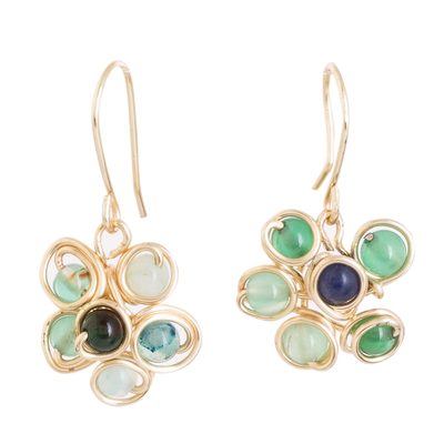 Agate dangle earrings, 'Flourishing Generosity' - Handcrafted Green Agate Floral Dangle Earrings in Gold-Tone