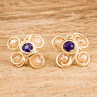 Crystal button earrings, 'Magical Blooms' - Gold-Toned Copper Wire Button Earrings with Crystal Beads
