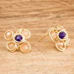 Crystal button earrings, 'Magical Blooms' - Gold-Toned Copper Wire Button Earrings with Crystal Beads
