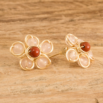 Rose quartz and agate button earrings, 'Harmony Blooms' - Handcrafted Rose Quartz and Agate Floral Button Earrings
