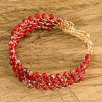 Crystal beaded strand bracelet, 'Red Routes' - Handcrafted Red Crystal Beaded Strand Bracelet