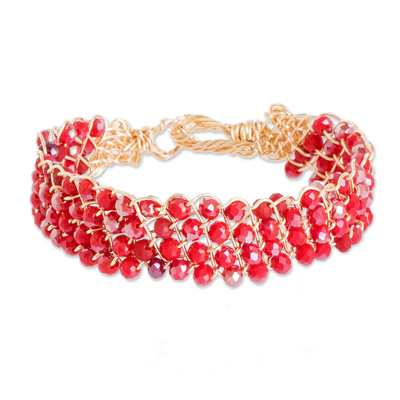 Crystal beaded strand bracelet, 'Red Routes' - Handcrafted Red Crystal Beaded Strand Bracelet