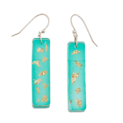 Gold-accented dangle earrings, 'Enchanting Emerald' - Resin Dangle Earrings with Gold Leaf Accents from Costa Rica