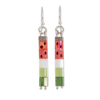 Beaded dangle earrings, 'Cool Watermelon' - Sterling Silver and Glass Beaded Watermelon Dangle Earrings
