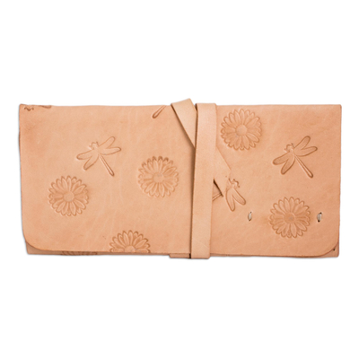 Dreifach-Geldbörse aus Leder - Handgefertigte Dreifach-Geldbörse aus Leder mit Blumen- und Käfermotiven