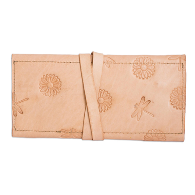 Dreifach-Geldbörse aus Leder - Handgefertigte Dreifach-Geldbörse aus Leder mit Blumen- und Käfermotiven