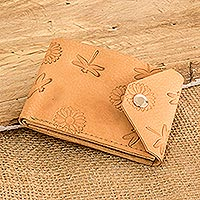 Leather wallet, 'Floral Dragonflies' - Handcrafted Brown Leather Wallet from Costa Rica