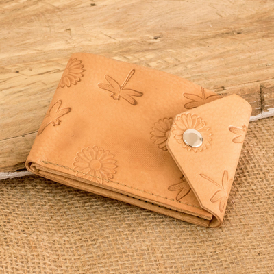 Leather wallet, 'Floral Dragonflies' - Handcrafted Brown Leather Wallet from Costa Rica