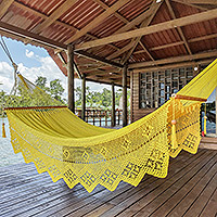 Cotton rope hammock, 'Yellow Flowers' (double) - Handcrafted Cotton Rope Hammock in Yellow Shade (Double)