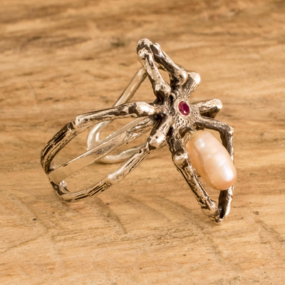 Cultured pearl and cubic zirconia cocktail ring, 'Arachnid's Red Heart' - Silver Spider Cocktail Ring Pearl and Red Cubic Zirconia