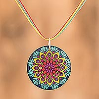 Resin pendant necklace, 'Peacock Mandala' - Vibrant Resin Mandala Pendant Necklace with Sliding Knot