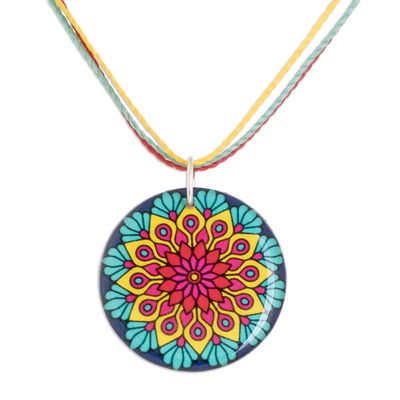 Resin pendant necklace, 'Peacock Mandala' - Vibrant Resin Mandala Pendant Necklace with Sliding Knot