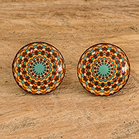 Resin button earrings, 'Sweet Creation' - Mandala Resin Button Earrings with Stainless Steel Posts