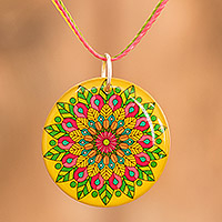 Resin pendant necklace, 'Spring Mandala' - Handmade Resin Mandala Pendant Necklace with Colorful Hues