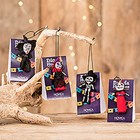 Cotton worry dolls, 'Day of The Dead' (set of 4) - 4 Handcrafted Cotton and Cibaque Day of The Dead Worry Dolls